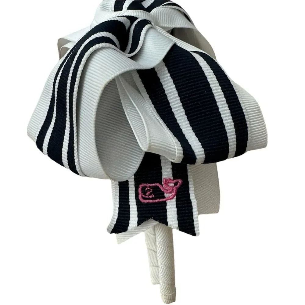 Vineyard Vines Navy Blue and White Bow Headband with VV Whale in Pink